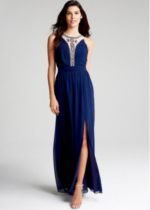 Royal Blue Chiffon Beads Jewel Neckline Keyhole Back Long Prom Dress 